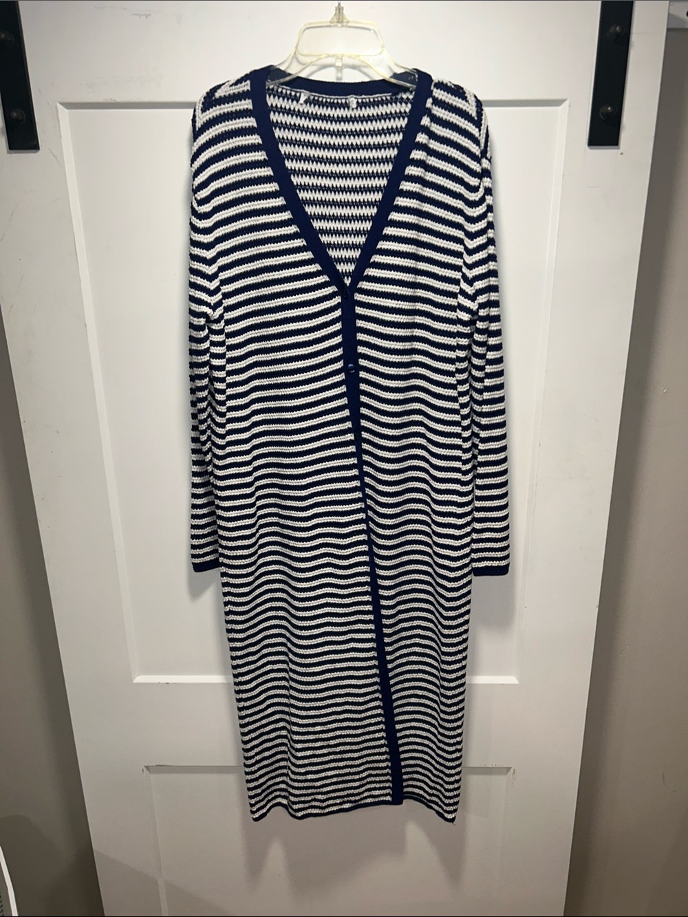 Zara Navy and White Striped V-Neck Long Cardigan